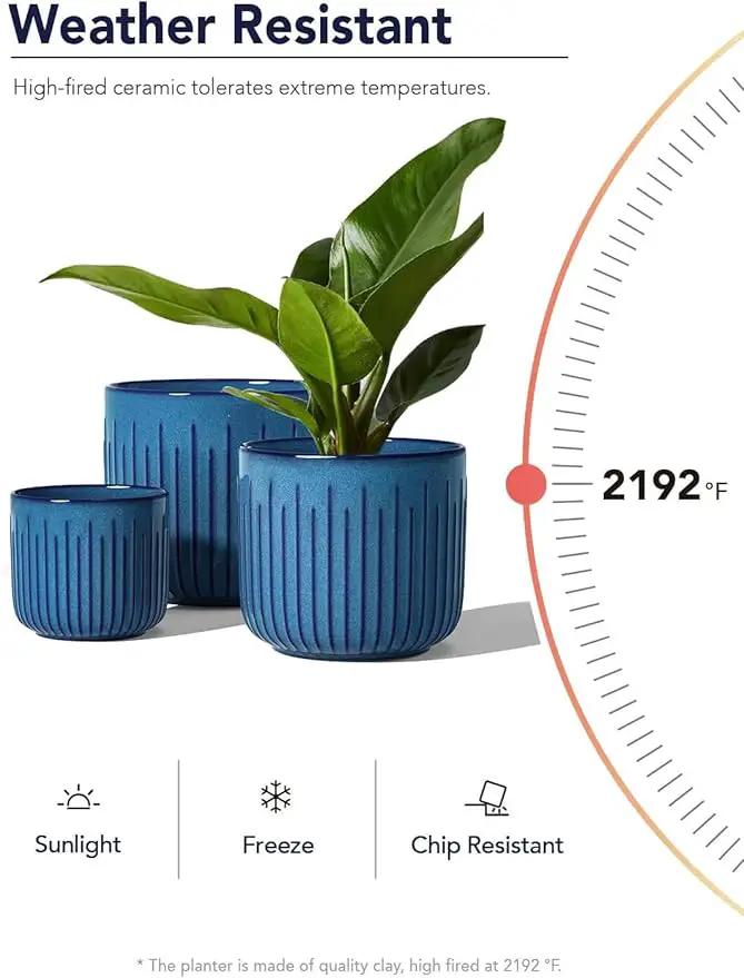 LE TAUCI Fluted Ceramic Planters Set of 3 – 8.3/7 / 5.7 in Ocean Blue Reactive Cylinder Indoor Plant Pots with Drainage Plug & Mesh, Glossy Stoneware Flower Pots for Succulents Herbs by GreenHaven Gardens