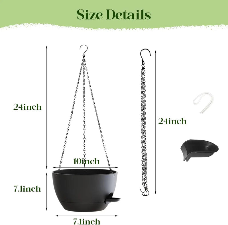 10 Inch Hanging Planters with Chains 2 Pack Self Watering Black Plastic Hanging Pots for Indoor Outdoor Plants, Garden Porch Home Decor (Black) by GreenHaven Gardens