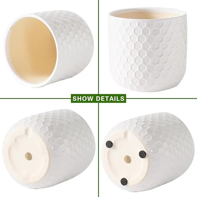 Docrin Ceramic Planters Indoor, 8 Inch Plant Pot with Drainage Holes for Home/Office - White Honeycomb by GreenHaven Gardens