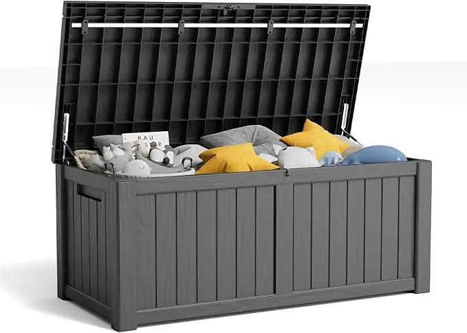 120 Gallon Resin Deck Box, Lockable Patio Outdoor Storage Box for Furniture, Garden Tools and Tools Storage, Waterproof Outside Storage Boxes - Black by GreenHaven Gardens
