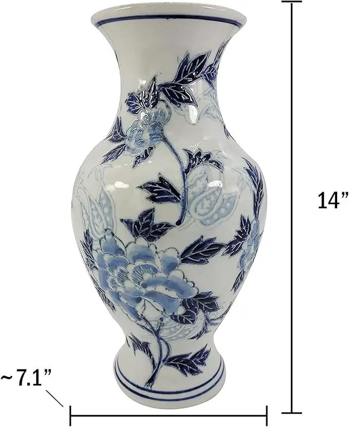 Galt International Blue and White Floral Chinoiserie Ceramic Vase 14" - Hand Painted Antique Style Porcelain Flower Bottle Fishtail Porcelain Chinese Vase for Home Decor Centerpiece by GreenHaven Gardens