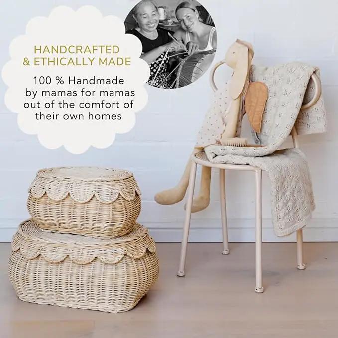 BEBE BASK The Original Scalloped Basket Set Of 2 – Small Scallop Basket - 15 x 10 x 6 In - Hand-Woven & Award-Winning - Elegant Wicker With Scalloped Edge Lid - Nursery Storage - (Natural) by GreenHaven Gardens