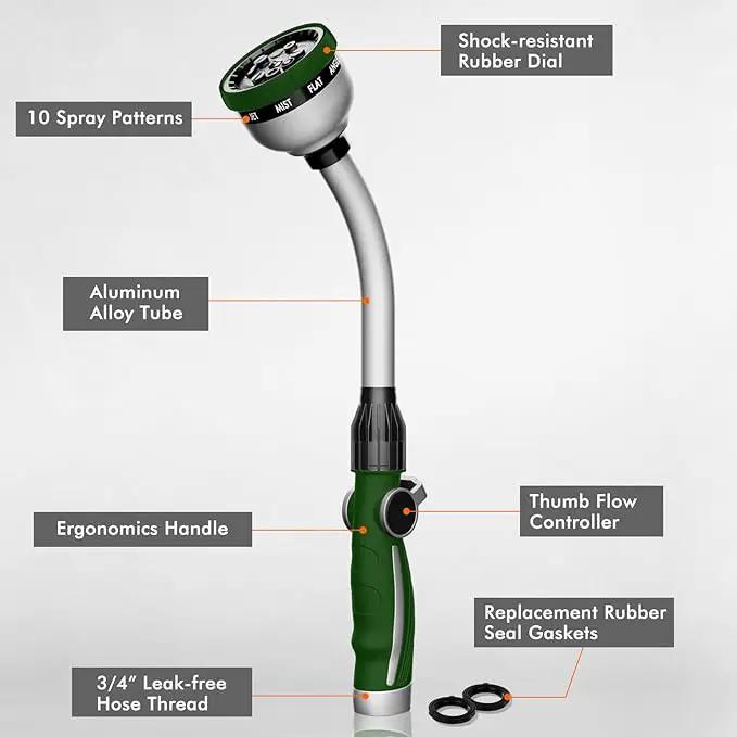 RESTMO Watering Wand Heavy Duty, Metal Garden Hose Wand with 10 Spray Patterns, 15-Inch Long Hose Nozzle Sprayer with Thumb Flow Control, Ideal to Water Hanging Baskets and Shrubs, Green by GreenHaven Gardens