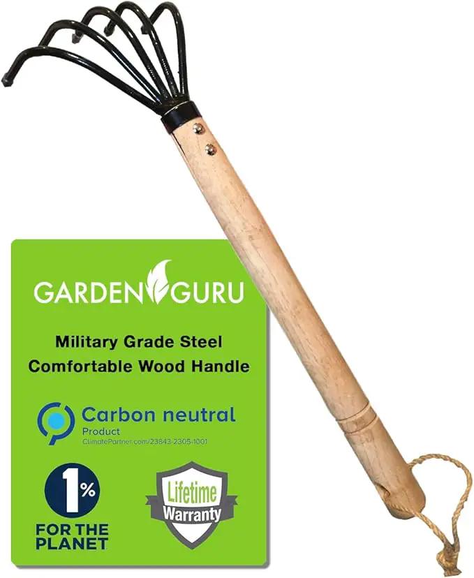 Garden Guru Hand Rake Cultivator Claw Soil Tiller - Military Grade Steel - Rust Resistant - 5 Tine Japanese Ninja Claw - Comfortable Wood Handle - Perfect Pulverized and Aerated Soil by GreenHaven Gardens