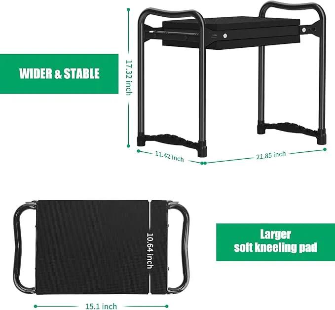 TomCare Garden Kneeler and Seat 10.64” Wider Larger Soft Kneeling Pad Garden Bench with 2 Large Tool Pouches Heavy Duty Garden Stool Foldable Tools Gardening Gifts for Women Men Gardeners,Black by GreenHaven Gardens