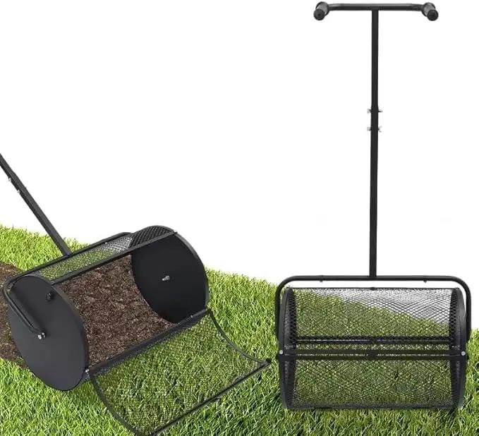 Compost Spreader, Durable Lawn Roller, Manure Spreader with Upgrade T Shaped Handle,Top Soil Spreader for Lawn and Garden Care Manure Spreaders Roller (T-Black-L) by GreenHaven Gardens