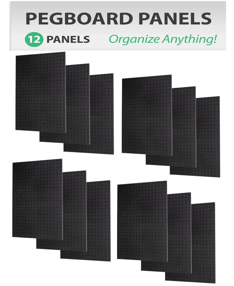 WallPeg Pegboard Panels Garage Organization - 12 ea (24"x16") Black Peg Board Panel Set - (PB-1-B) Tool Organizer, Crafts, Shop, Home, Office, Wall Storage Kit by GreenHaven Gardens
