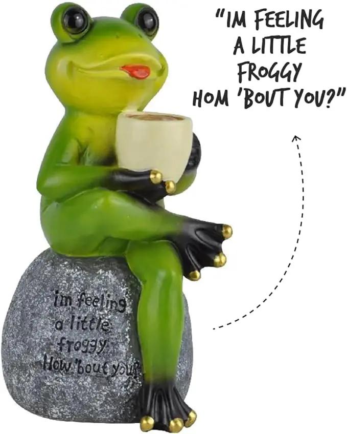 Spring & Summer-Themed Garden Statues – Adorable Outdoor Decor for Lawn, Patio & Porch (Coffee Drinking Frog Garden Statue with Funny Quote) by GreenHaven Gardens