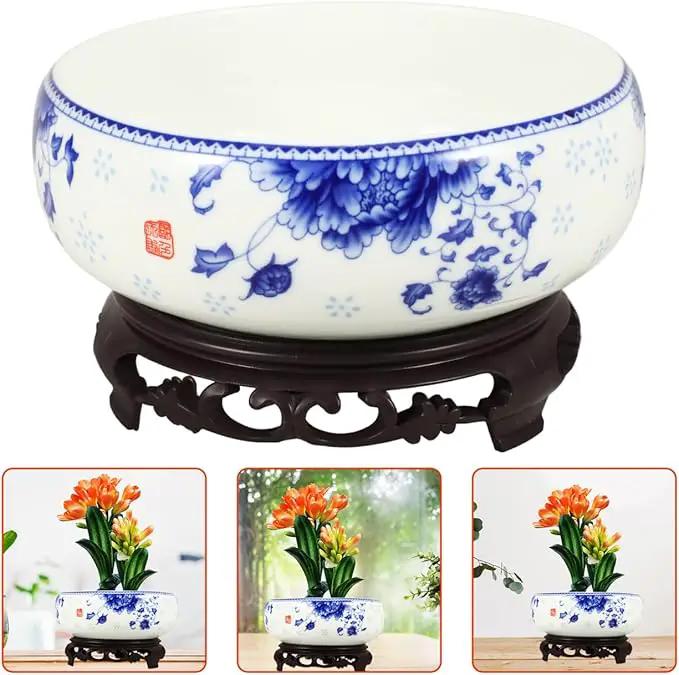 Ceramic Chinese Pot White Water Lily Bowl Ceramic Plant Pot Hydroponic for Garden Home Office-8Inch by GreenHaven Gardens