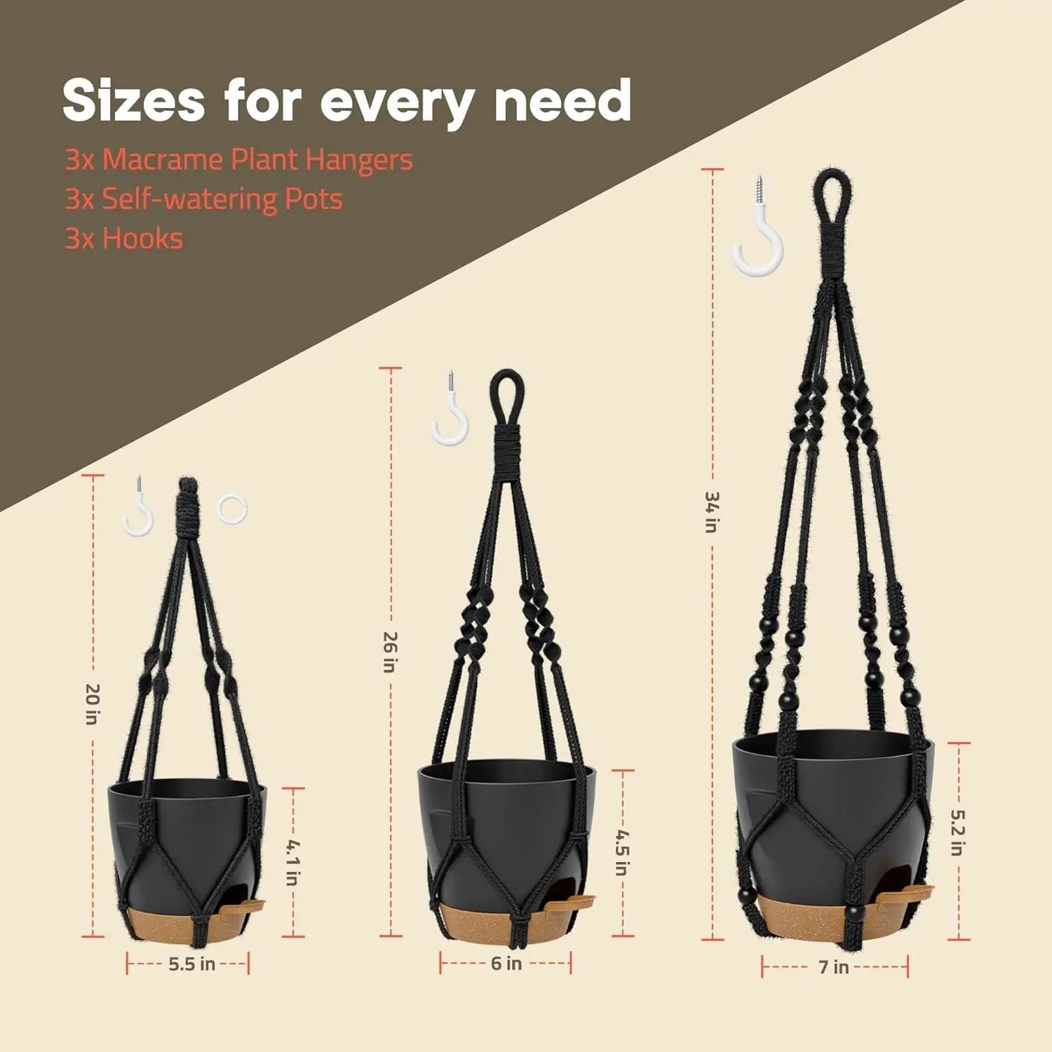 Black Hanging Self Watering Pots with Macrame Black Rope, 3 Pack Indoor & Outdoor Hanging Plant Pots with Built-in Reservoir, Wick Rope, Drainage Holes & Hooks, Stylish Boho Decor Hanging Planter by GreenHaven Gardens