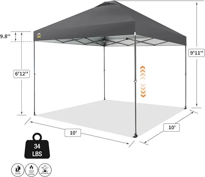 CROWN SHADES Adjustable Height on The Fly, 10x10 Pop Up Canopy - Beach Tent with One Push Setup - Easy Outdoor Sun Shade for Events, Parties, Camping - Outside Shade with STO-N-Go Bag, Grey by GreenHaven Gardens