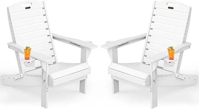 Adirondack Chairs Set of 2, Outdoor Fire Pit Chairs, HDPE All-Weather Adirondack Chairs with Cup Holder, Lawn Chair for Deck, Patio, Garden (White) by GreenHaven Gardens