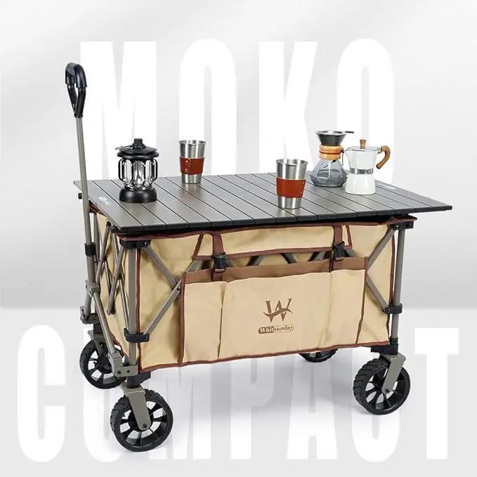 Whitsunday Folding Collapsible Wagon Cart, Beach Heavy Duty Wagon with Table,Utility Grocery Cart for Camping Sports Outdoor Shopping Park Khaki