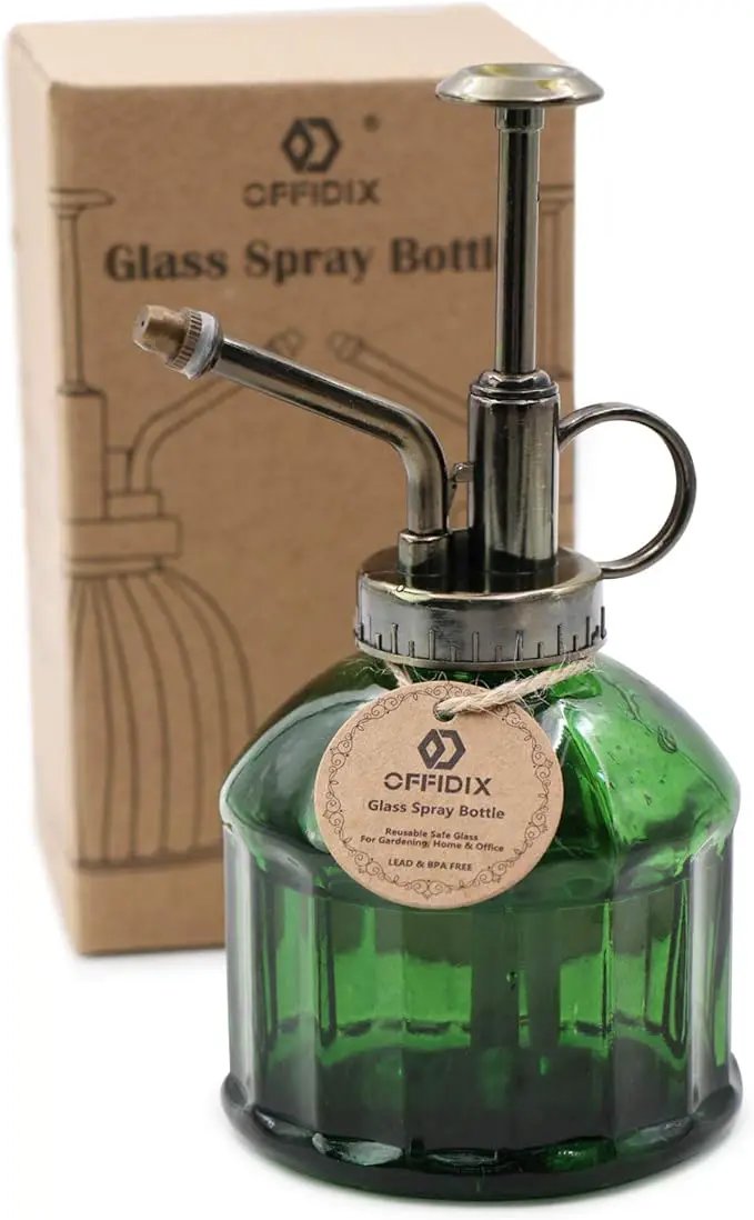 OFFIDIX Glass Plant Mister, 6.3 Inches Tall Vintage Style Spritzer Bronze Plastic Top Pump One Hand Watering Can Indoor Plant Spray Bottle for Garden, Plants, Cleaning (Dark Green) by GreenHaven Gardens