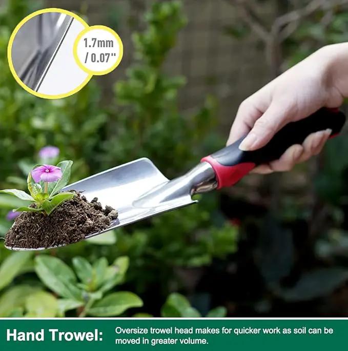 ESOW Garden Tool Set with Non-Slip Rubber Handle, 3 Piece Cast-Aluminum Heavy Duty Gardening Kit Includes Hand Trowel, Transplant Trowel and Cultivator Hand Rake, Red by GreenHaven Gardens