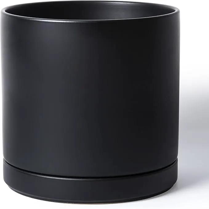 D'vine Dev 12 Inch Ceramic Planter Pot with Drainage Hole and Saucer, Indoor Cylinder Round Planter Pot, Black, 94-O-F-2 by GreenHaven Gardens