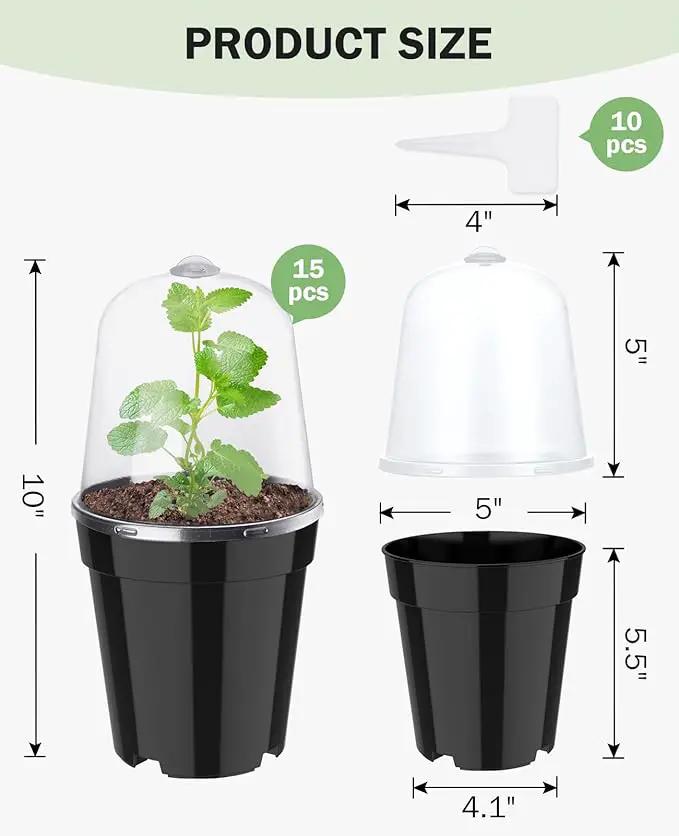 homenote Nursery Pots for Plants,5 Inch Plant Pot for Planting with Humidity Domes Plastic Seedling with Drainage Holes Seed Starter Flower with 10 Labels Black (15 Pack) by GreenHaven Gardens