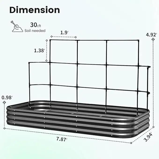 KING BIRD Raised Garden Bed with Wall Trellis Galvanized Planter Garden Box Outdoor for Gardening, Climbing Vegetables, Flowers 7.87x3.94x0.98 Ft, Dark Grey by GreenHaven Gardens