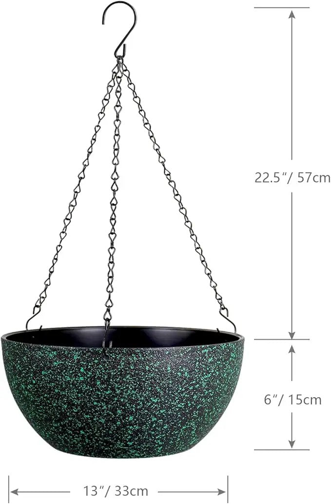 13inch Large Hanging Planters Pots for Outdoor Indoor Plants with Drainage Holes and Chain, 2pack Round Hanging Flower Pots for Garden Home Porch Decor, Black with Green Speckles by GreenHaven Gardens