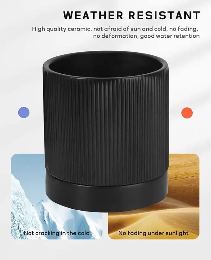 LaDoVita 3 Pack Ceramic Plant Pots 6/5/4 inch, Flowerpot for Indoor Plants with Drainage Holes and Tray, Outdoor Garden Planters, Modern Decorative for Home, Black Vertical Stripes by GreenHaven Gardens