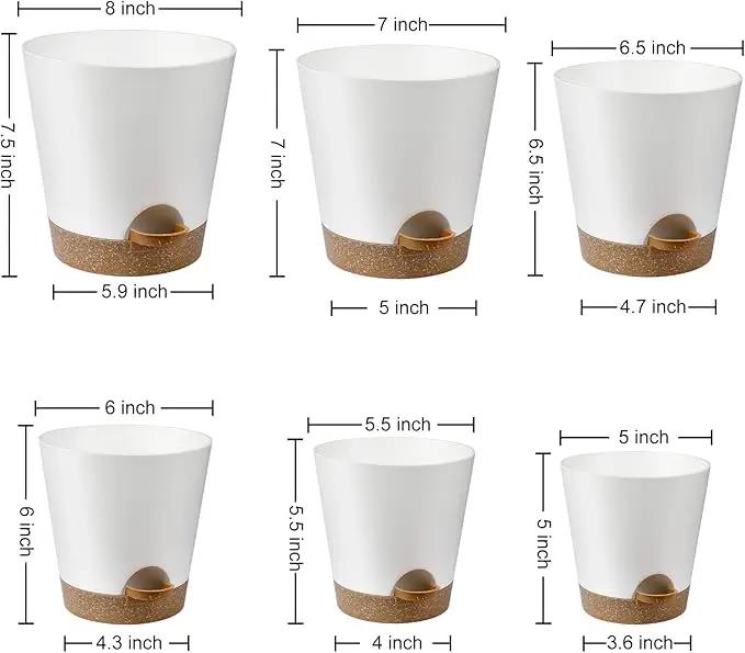 Indoor Self Watering Planters with Drainage Holes and Saucers, 8, 7, 6.5, 6, 5.5, 5 Inches, White, 6 Pots by GreenHaven Gardens