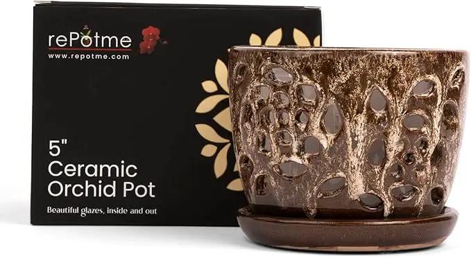 rePotme Orchid Pot - 5 inch Floral Cutout Ceramic Orchid Pot with Holes (Creamy Chestnut) - Includes 5 inch Slotted Pot Liner by GreenHaven Gardens
