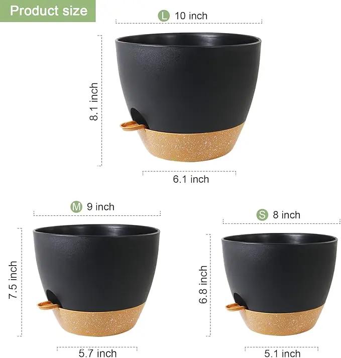 10/9/8 inch Medium Self Watering Pots, Planter, Plant Pots with Mesh Drainage Holes for Indoor Outdoor Garden Plants, Plastic Flower Pots with Removable Deep Reservoir, Black with Brown by GreenHaven Gardens