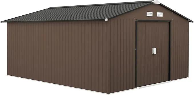 Outsunny 11' x 13' Outdoor Storage Shed, Garden Tool Metal Shed with Foundation Kit, Double Lockable Door, Air Vents and Sloping Roof, for Backyard, Patio, Lawn, Brown by GreenHaven Gardens