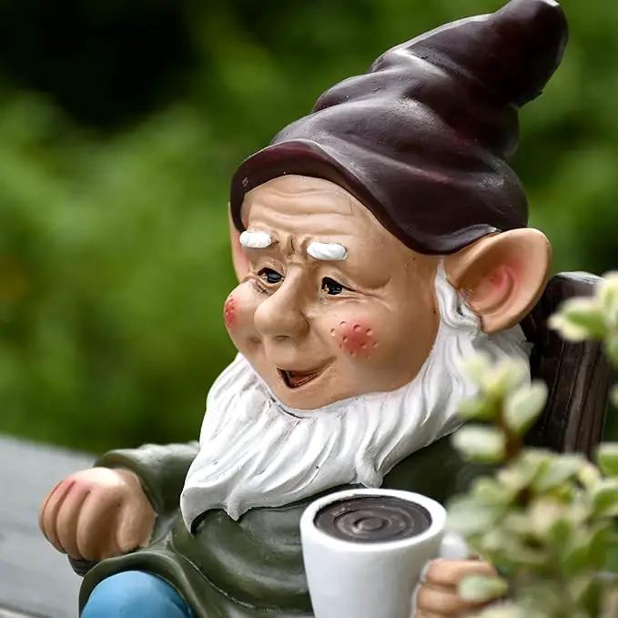 OwMell Drinking Coffee Garden Gnome Statue Decoration 7.3" Figurine Ornament for Indoor Outdoor Home Patio Yard Lawn by GreenHaven Gardens