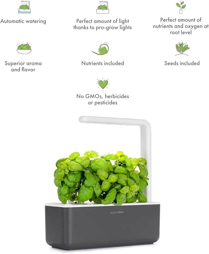 Click & Grow Indoor Herb Garden Kit with Grow Light | Smart Garden for Home Kitchen Windowsill | Easier Than Hydroponics Growing System | Vegetable Gardening Starter (3 Basil Pods Included), Grey by GreenHaven Gardens