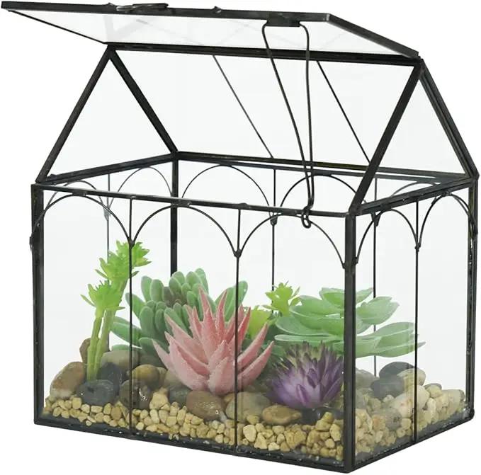 Ferrisland Glass Terrarium Plants with Lid, Black Geometric Terrarium Jar for Succulent Air Carnivorous Plant Moss Snail, House Shape Mini Tabletop Greenhouse Indoor Decor DIY Present (Only Terrarium) by GreenHaven Gardens