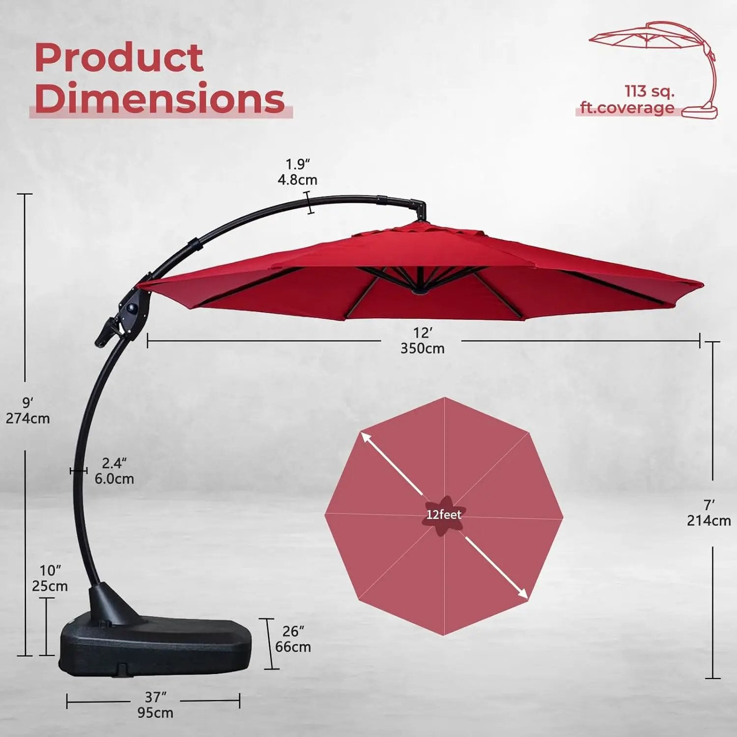 Grand patio 12FT Outdoor Cantilever Umbrella Large Round Aluminum Offset Umbrella with Base for Garden Deck Patio (Red, 12 FT) by GreenHaven Gardens