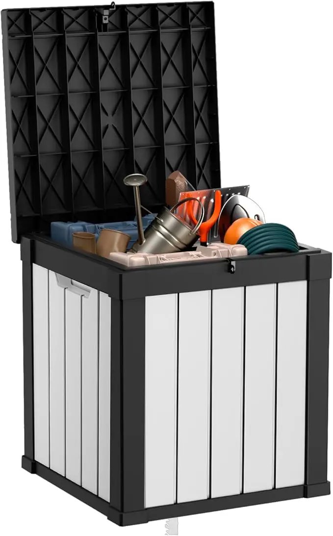 40 Gallon Resin Deck Box, Lockable Patio Outdoor Storage Box for Furniture, Garden Tools and Tools Storage, Waterproof Outside Storage Boxes - Black&White by GreenHaven Gardens