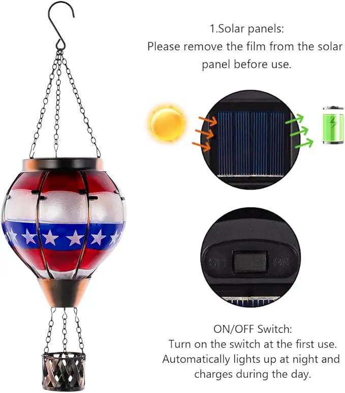 DREAMSOUL Flag Hot Air Balloon Solar Lantern, Glass Solar Lantern with Flickering Flame, Hanging Waterproof Solar Lanterns Outdoor Flag Day for Patio Decor, Fourth of July Decorations Christmas Gifts by GreenHaven Gardens