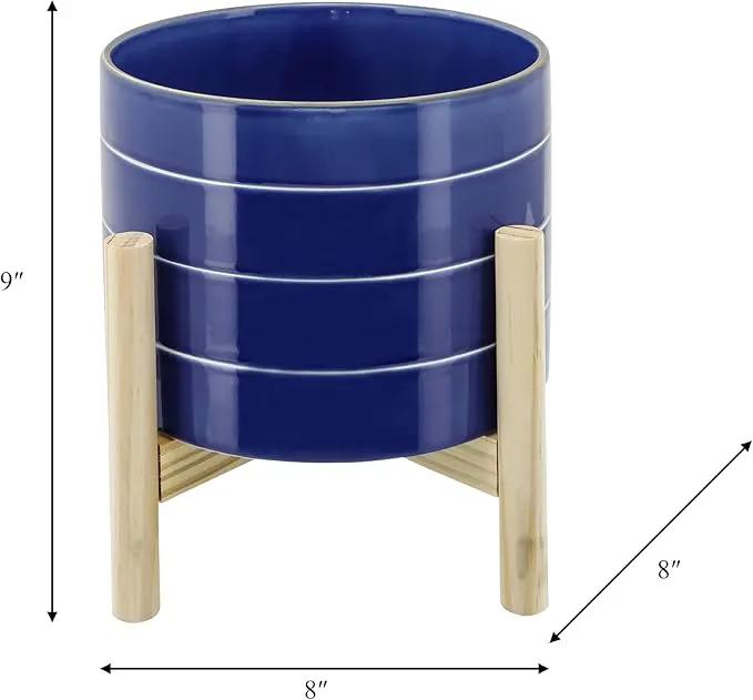 Sagebook Home 8" Planter on Stand - Ceramic Planter on Wooden Base - Contemporary Blue and White Striped Design Indoor or Outdoor Plant Stand Decor by GreenHaven Gardens