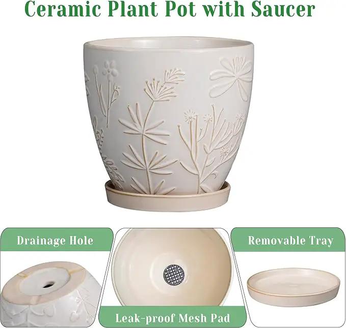 6 Inch Ceramic Plant Pot for Indoor Plants Outdoor Round Planter Flower Pot with Drainage Hole and Saucer for Home Garden Office Decor White by GreenHaven Gardens