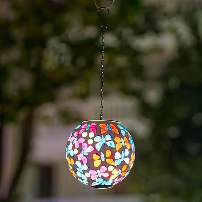 Hanging Solar Lanterns Outdoor Waterproof, Decorative Mosaic Butterfly Solar Lantern, Gazing Ball Globe Hanging Lantern for Patio Garden Yard Home Decor by GreenHaven Gardens