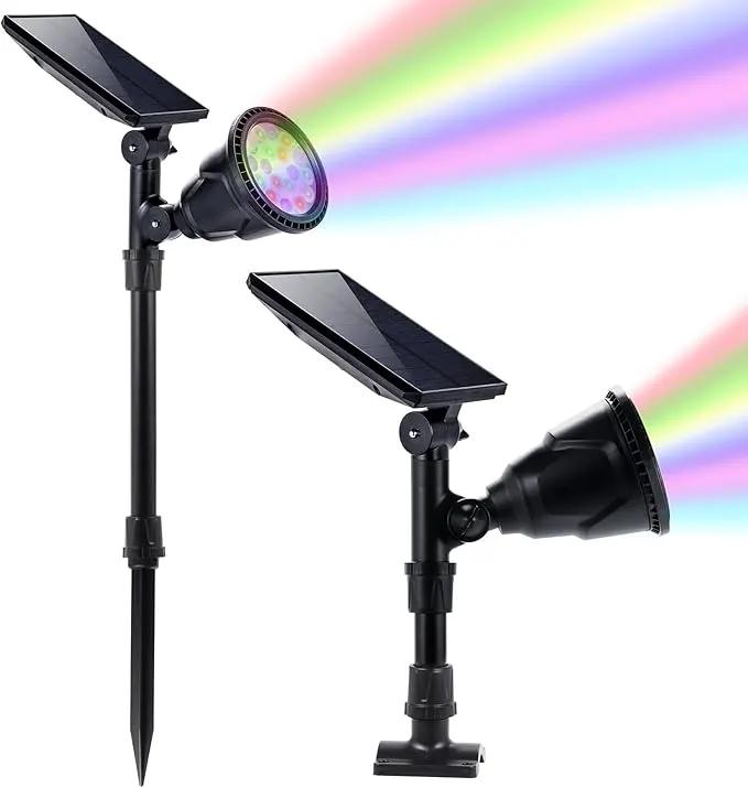Solar Outdoor Spotlights - 18 LED, 600 Lumens, Waterproof, 7 Colors Adjustable for Year Round Patio, Garden, and Landscape Festive Lighting (2 Pack) by GreenHaven Gardens