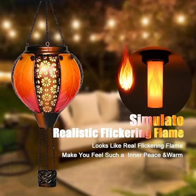 Hot Air Balloon Solar Lantern - Stained Glass Lantern with Simulated Flickering Flame, Outdoor Hanging Yard Light Waterproof IP65 & Weather Resistant for Garden Patio Lawn Porch Decor Gfit by GreenHaven Gardens