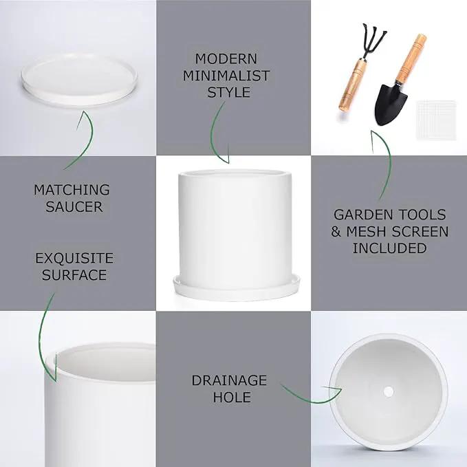 Plant Pots 10 Inch Ceramic Planter with Drainage Hole and Saucer, Matte White Modern Cylinder Planter Pot for Indoor Outdoor Plants Flowers, Full Glazed Finish by GreenHaven Gardens