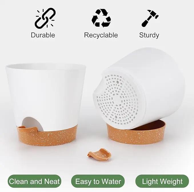 8-Inch Plant Pots, Self-Watering Planters with Drainage Holes & Saucers for Indoor and Outdoor Plants (2-Pack, White) by GreenHaven Gardens