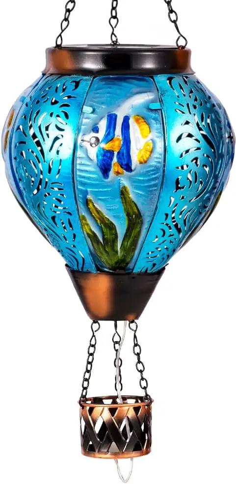 Blue Fish Hot Air Balloon Solar Lantern with Flickering Flame Hanging Solar Lanterns Outdoor Waterproof,LED Metal Hot Air Balloon Lights for Patio Yard Garden Decor,Mother Day Gifts for Women by GreenHaven Gardens