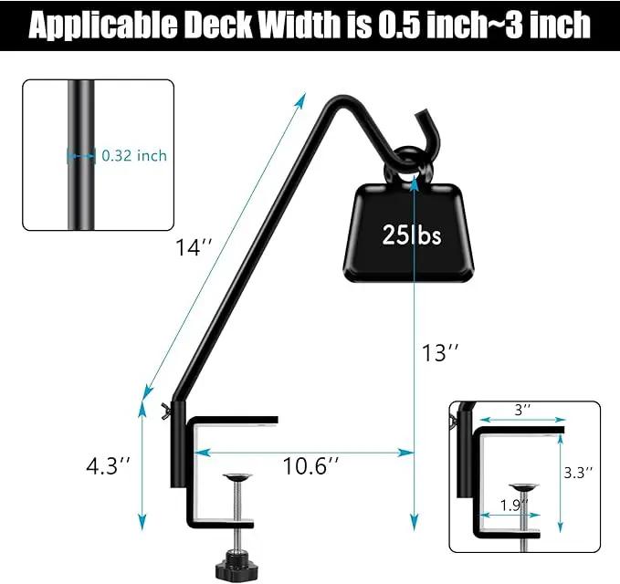 FEED GARDEN 2 Pack 14 Inch Deck Hook,Solid Steel Deck Hangers for Bird Feeders,Lanterns, Flower Basket and Suet Baskets with Clamp,Black by GreenHaven Gardens