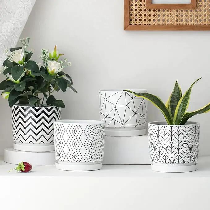 Ton Sin Plant Pots,5.5 Inch White Pots for Indoor Plants with Drainage Holes,Cylinder Flower Pot Ceramic Planters with Saucer,Cactus Succulent Outdoor Garden Pots Set of 4 by GreenHaven Gardens