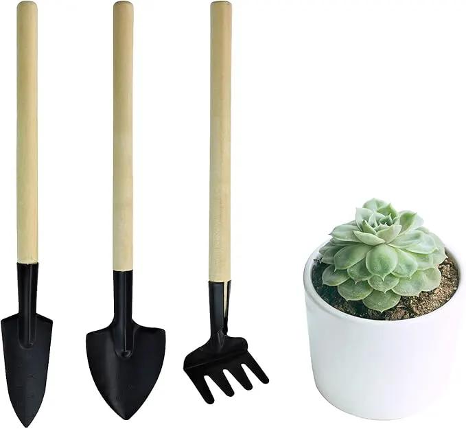 Andiker Mini Gardening Tools, 3pcs Portable Garden Hand Tools Set, Miniature Gardening Rake Trowel and Shovel for Seedlings, Bonsai, Succulents, Herbs, Terrariums and Planting (3pcs) by GreenHaven Gardens