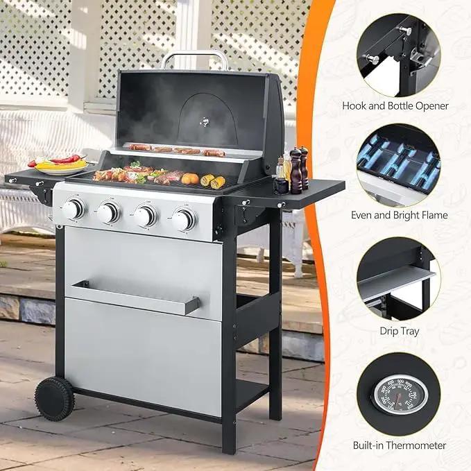 4-Burner Propane Gas Grill, 34,200 BTU Outdoor BBQ Grill with Stainless Steel Warming Rack & Enameled Cooking Grids – Foldable Side Tables, Built-in Thermometer, Hanging Basket – Heavy-Duty 6" Wheels by GreenHaven Gardens