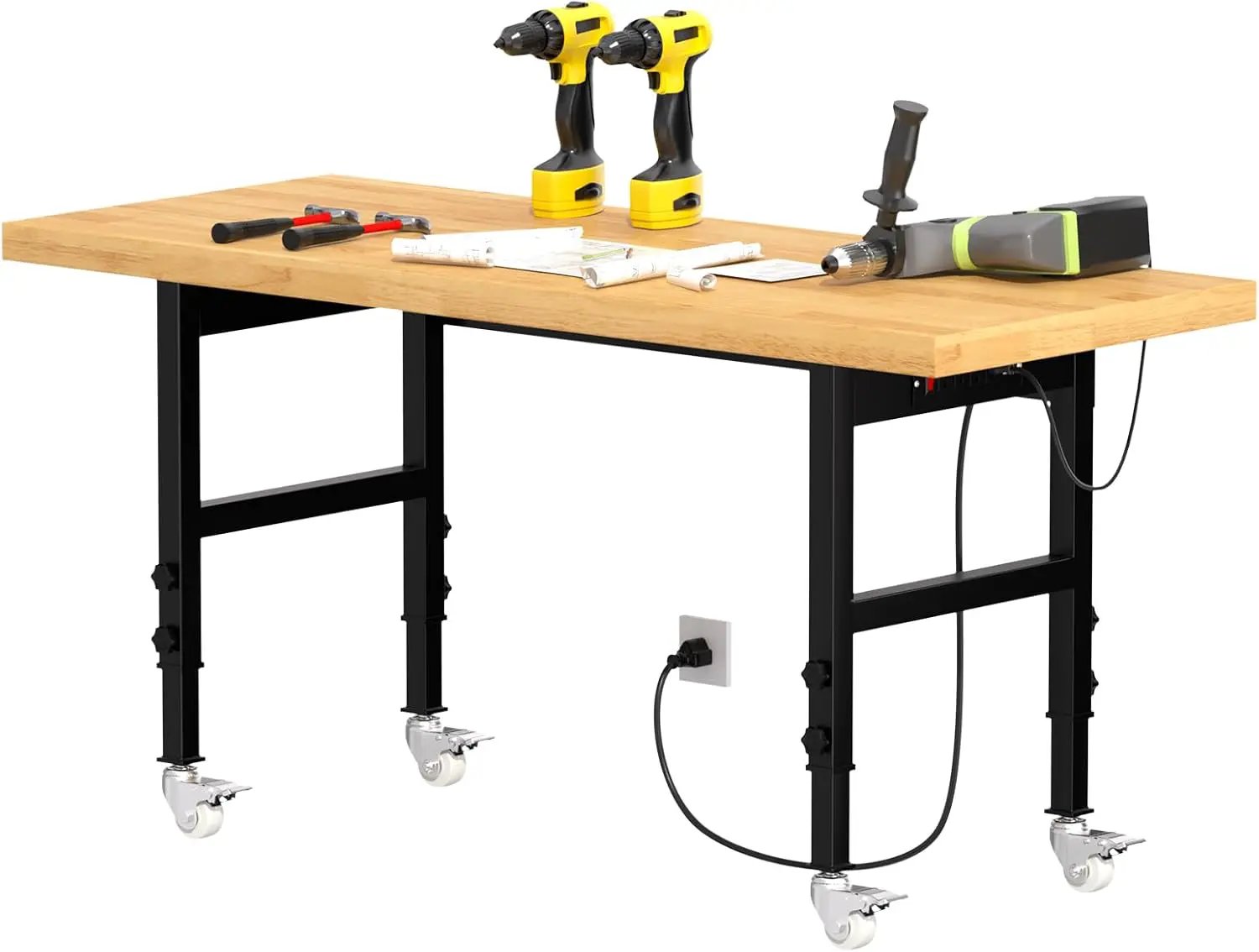 60" Adjustable Height Workbench with Wheels, Heavy-Duty Solid Wood Work Table with Power Outlets, 2000 LBS Capacity Workstation for Garage, Workshop(60" X 24") by GreenHaven Gardens
