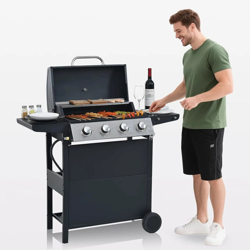 4-Burner Propane Gas BBQ Grill with Porcelain-Enameled Cast Iron Grates and 2 Foldable Side Tables, 34,000 BTU Stainless Steel Grill for Outdoor Camping Barbecue Grilling Backyard Cooking by GreenHaven Gardens