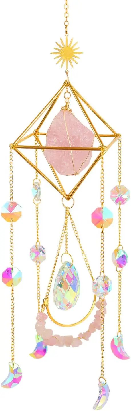 Crystal Suncatcher Rose Quartz, Spiritual, Sun Catcher Hanging for Windows, Rainbow Maker, Crystal Indoor Garden Home Decor, Natural Gemstone Boho Decor (Rose Quartz) by GreenHaven Gardens