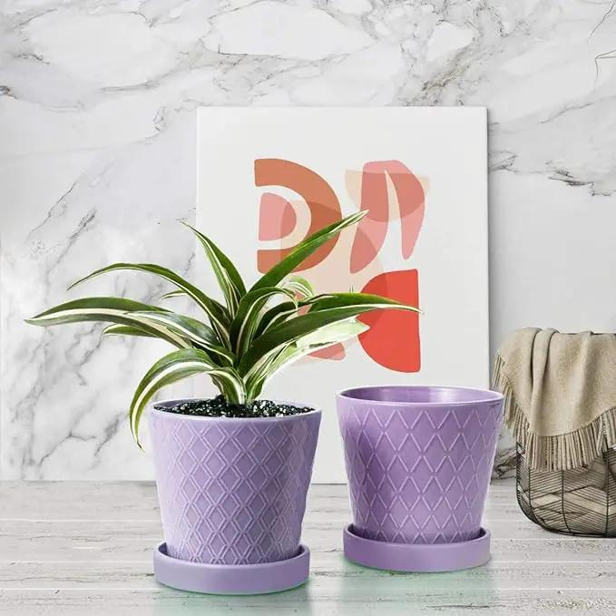 EFISPSS Flower Planter –5 inch Ceramic Plant Pots with Drainage Holes and Ceramic Tray - Gardening Home Desktop Office Windowsill Decoration Gift Set of 4 - Purple by GreenHaven Gardens
